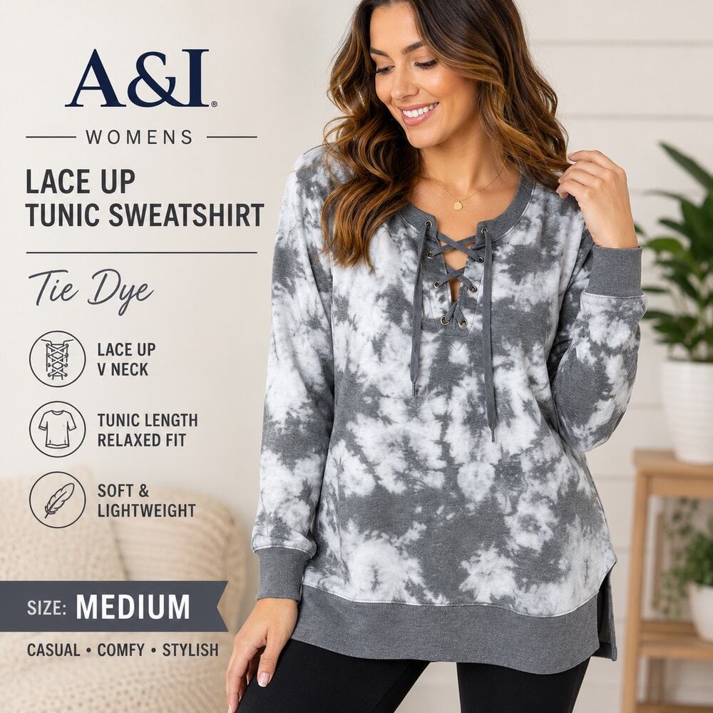 A&I Womens Tie Dye Tunic Sweatshirt Lace Up V Neck Long Sleeve Gray Medium